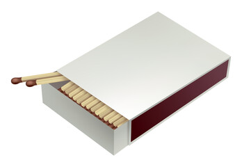 Opened matchbox. Sulphur and wooden sticks lying in open case. Top view and isometric projection vector illustration isolated on white background