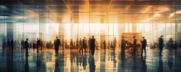 Business background. Many businessmen walking in a modern building lobby or entrance. Blurred motion. Hand edited generative AI.