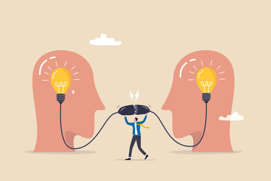Communication for success, connect idea or understanding, agreement or solving problem together, cooperation or collaboration concept, businessman connect to bright up lightbulb idea on human head.