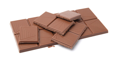 Broken milk chocolate bar on white background