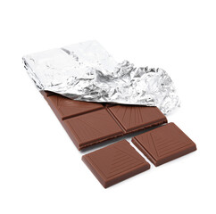 Broken milk chocolate bar wrapped in foil isolated on white