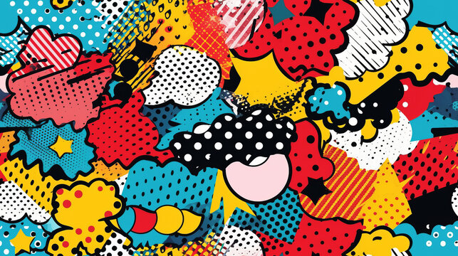 Seamless pattern background inspired by the playful and whimsical world of pop art including primary colors red blue and yellow