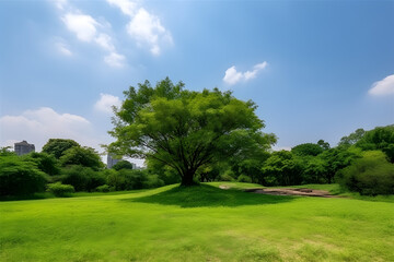 Obraz premium Green tree in a beautiful park garden under blue sky