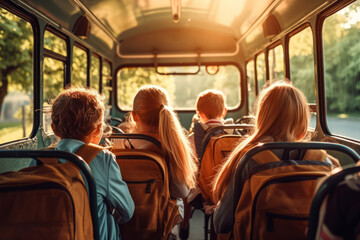 Fototapeta premium Interior shot of school children sitting on a bus. Back to school concept