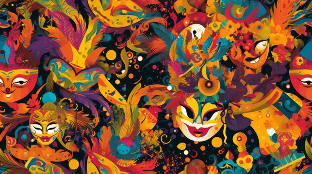 Seamless pattern background inspired by the vibrant and lively aesthetics of carnival celebrations with masks confetti and festivity © Keitma