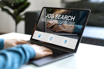 Job search concept, find your career, Man looking at online website by computer. Peoplesearching for vacancies or position on the internet, recruiting, finding jobs. Unemployedand poor economy