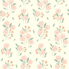 Fototapeta na wymiar Seamless floral pattern, cute liberty ditsy print in delicate pastel colors. Pretty botanical design for fabric, paper: small hand drawn flowers, tiny leaves on a light background. Vector illustration