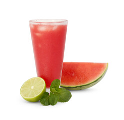 Glass of delicious watermelon drink, mint and cut fresh fruits isolated on white