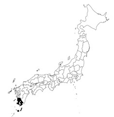 Vector map of the prefecture of Kagoshima highlighted highlighted in black on the map of Japan.