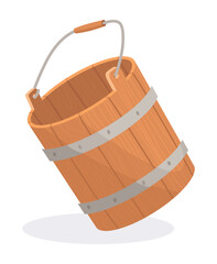 Wooden bucket with handle and without water. Container or empty pail for spa, sauna. Vector illustration isolated on white background