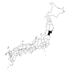 Vector map of the prefecture of Miyagi highlighted highlighted in black on the map of Japan.
