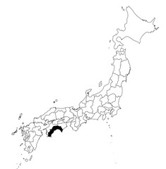 Vector map of the prefecture of Kōchi highlighted highlighted in black on the map of Japan.