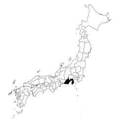 Vector map of the prefecture of Shizuoka highlighted highlighted in black on the map of Japan.