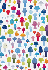 Mushroom types, minimalistic, stencils, earthy organic shapes, cute and colorful, wallpaper, repeating pattern