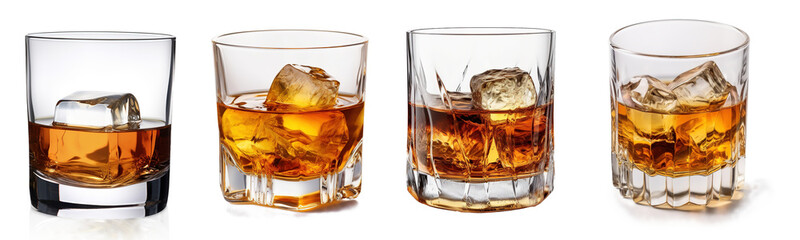 Set of glass of whiskey or whisky or american Kentucky bourbon with its reflection on the plane. isolated on transparent - Powered by Adobe