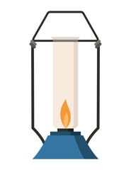 Vintage camping lantern or oil lamp. Handle gas lamps for tourist hiking. Flame glow camp fuel burn isolated on white background