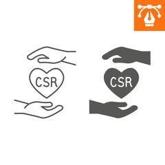 CSR line and solid icon, outline style icon for web site or mobile app, hand and heart , social organization vector icon, simple vector illustration, vector graphics with editable strokes.