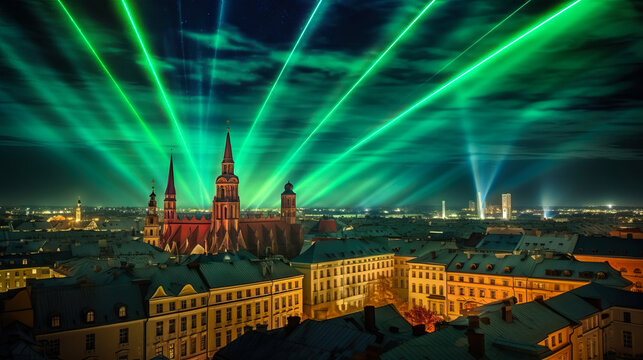 Lasershow am Himmel einer Stadt
