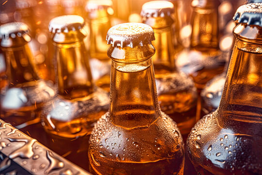 Beer bottles in ice. Generative Ai image
