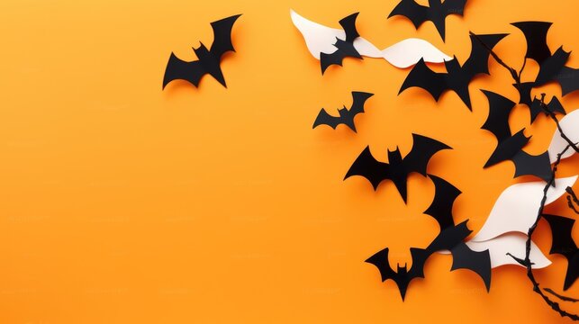 Halloween diy decorations. Halloween party greeting card mockup with cardboard bats on orange background with copy space. Generative AI