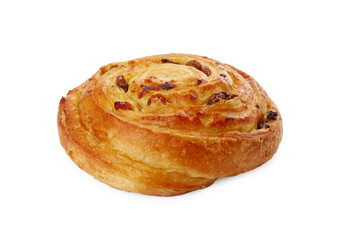 Freshly baked spiral pastry with raisins isolated on white
