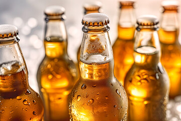 Beer bottles in ice. Generative Ai image - obrazy, fototapety, plakaty