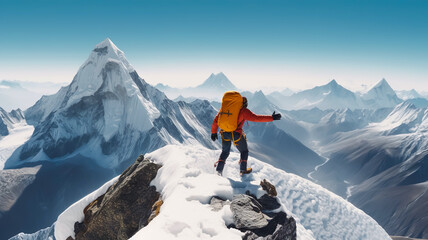 Limit and level up concepts or human performance with person climbing and fully happy expression on everest mountain peak.inspiration and motivation.generative ai technology