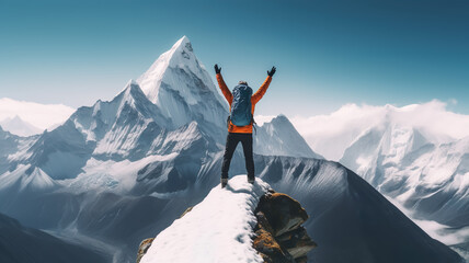 Limit and level up concepts or human performance with person climbing and fully happy expression on everest mountain peak.inspiration and motivation.generative ai technology