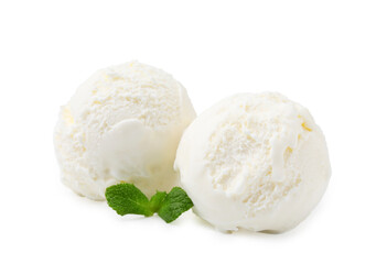 Fototapeta na wymiar Delicious vanilla ice cream with mint isolated on white