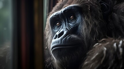 Fototapeta na wymiar close up photo of a Gorilla behind window train. Created with Generative AI Technology