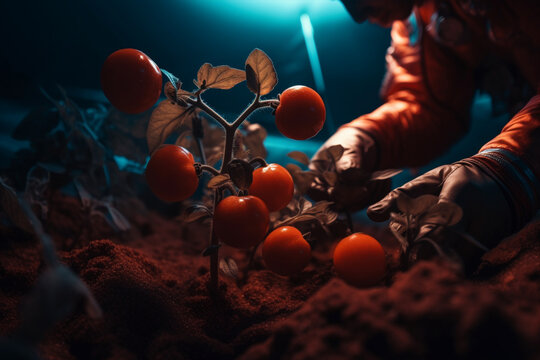 Astronaut planting tomato plants. Planet Mars colonization concept. 