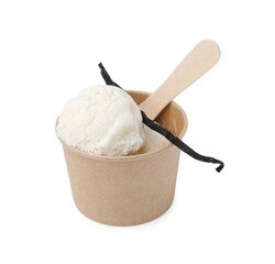 Paper cup with delicious ice cream and vanilla pod isolated on white