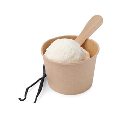 Paper cup with delicious ice cream and vanilla pods isolated on white