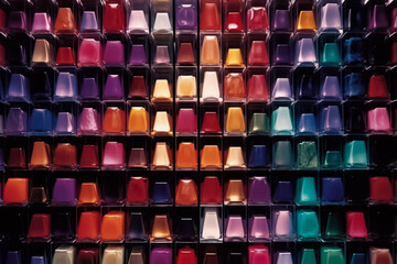 Fototapeta premium A collection of nail polish glass bottles is expertly arranged on a shelf, showcasing a captivating gradient of vibrant colors. Generative AI.