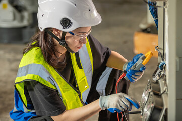 Woman Electrician engineer work check tester measuring voltage and current of power electric line in electricity cabinet control. Workers use clamp meter to measure current electrical wires