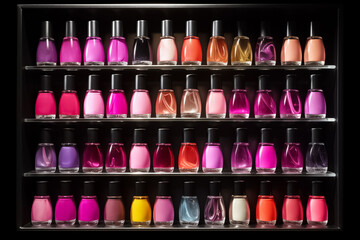 A collection of nail polish glass bottles is expertly arranged on a shelf, showcasing a captivating gradient of vibrant colors. Generative AI.