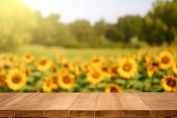 Sunflower Field Serenity Empty Wooden Table, Generative AI