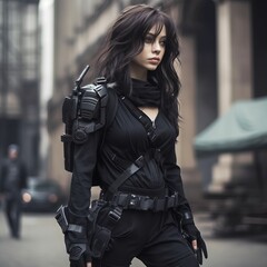 Cyberpunk style. Beautiful young woman in black futuristic costume.  Beautiful brunette woman in tech wear costume in the city.  Portrait of a beautiful girl in a military clothes. AI generated