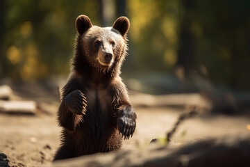 Bear cub in nature on summer forest background. Ai generated