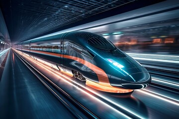 Fototapeta premium The Velocity of Progress - Captivating Image of a High-Speed Train, Embracing Sleekness, Power, and Efficiency in Motion