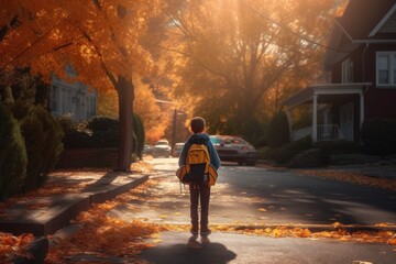 Small boy walking by the street with his school backpack. Generative AI