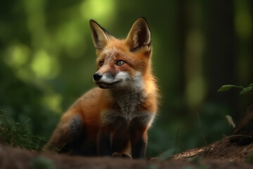 Naklejka na ściany i meble Fox cub in nature on summer forest background. Ai generated