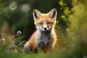 Fototapeta premium Fox cub in nature on summer forest background. Closeup animal portrait. Ai generated