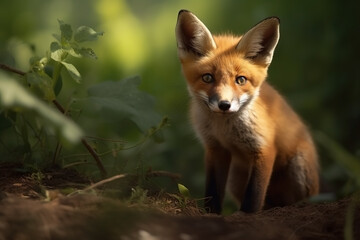 Naklejka na ściany i meble Fox cub in nature on summer forest background. Closeup animal portrait. Ai generated