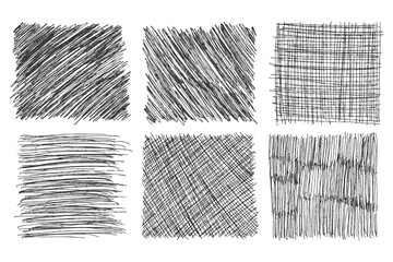 Set of 6 square elements doodle strokes isolated on white background. Pencil strokes, diagonal, horizontal, vertical strikethroughs.