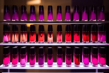 a visually pleasing arrangement of nail polish glass bottles presents a stunning gradient of colors. Powered by Generative AI.