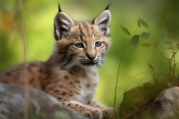 Obraz premium Lynx cub in nature on summer forest background. Closeup animal portrait. Ai generated