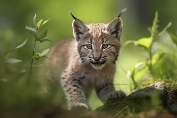 Fototapeta premium Lynx cub in nature on summer forest background. Closeup animal portrait. Ai generated
