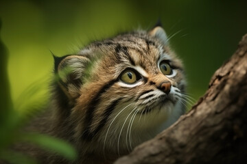 Naklejka na ściany i meble Manul cub in nature on summer forest background. Closeup animal portrait. Ai generated