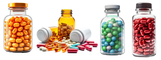 Set of scattered capsules on a white background. capsule bottles isolated on transparent background, capsule pharmacy bottle pill drug concept